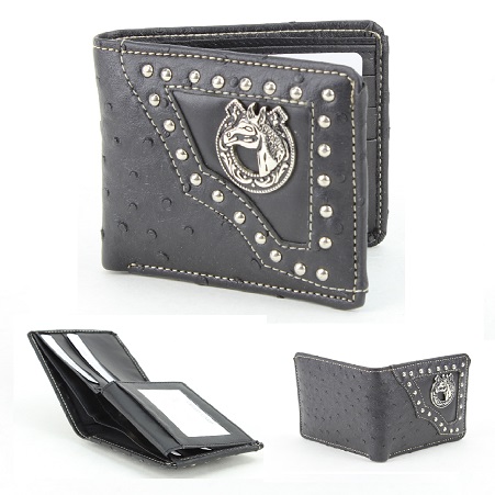 Vegan LEATHER Wallet [Bifold] Western Horseshoe/Horse [BLK]